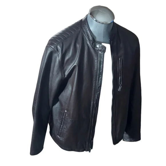 John Varvatos Lambskin | Leather Motorcycle | Ribbed Bomber Jacket | Cognac - Picture 2 of 10